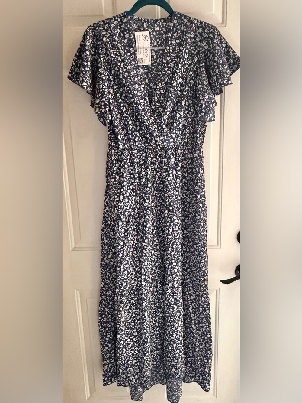 Women's Navy Floral Midi Dress with Ruffle V-Neck